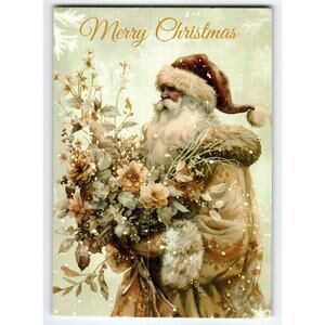 Vintage Lithograph Christmas Postcard Santa with Floral Bouquet 5.5x4"